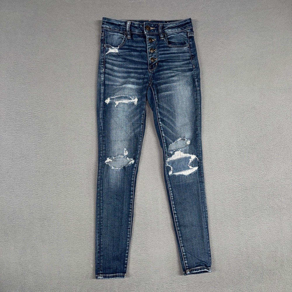 American Eagle Jeans Womens 6 Blue Hi-Rise Jegging Distressed Denim Button Fly